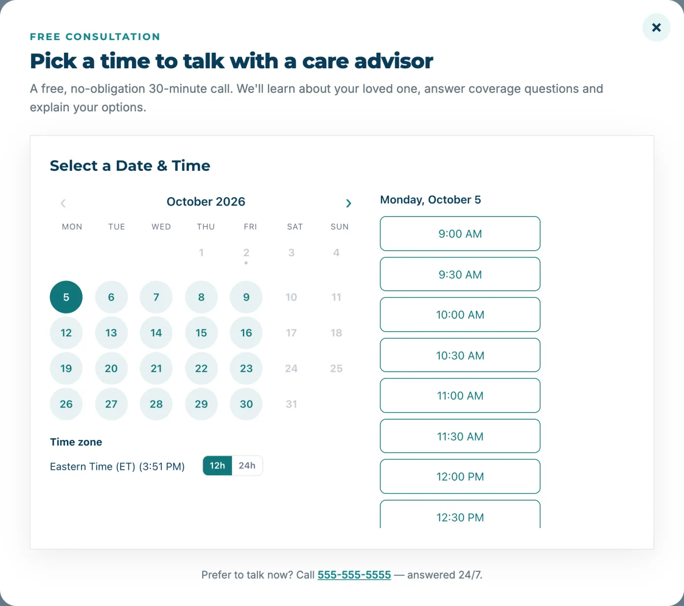 Call scheduler showing a calendar and available consultation times