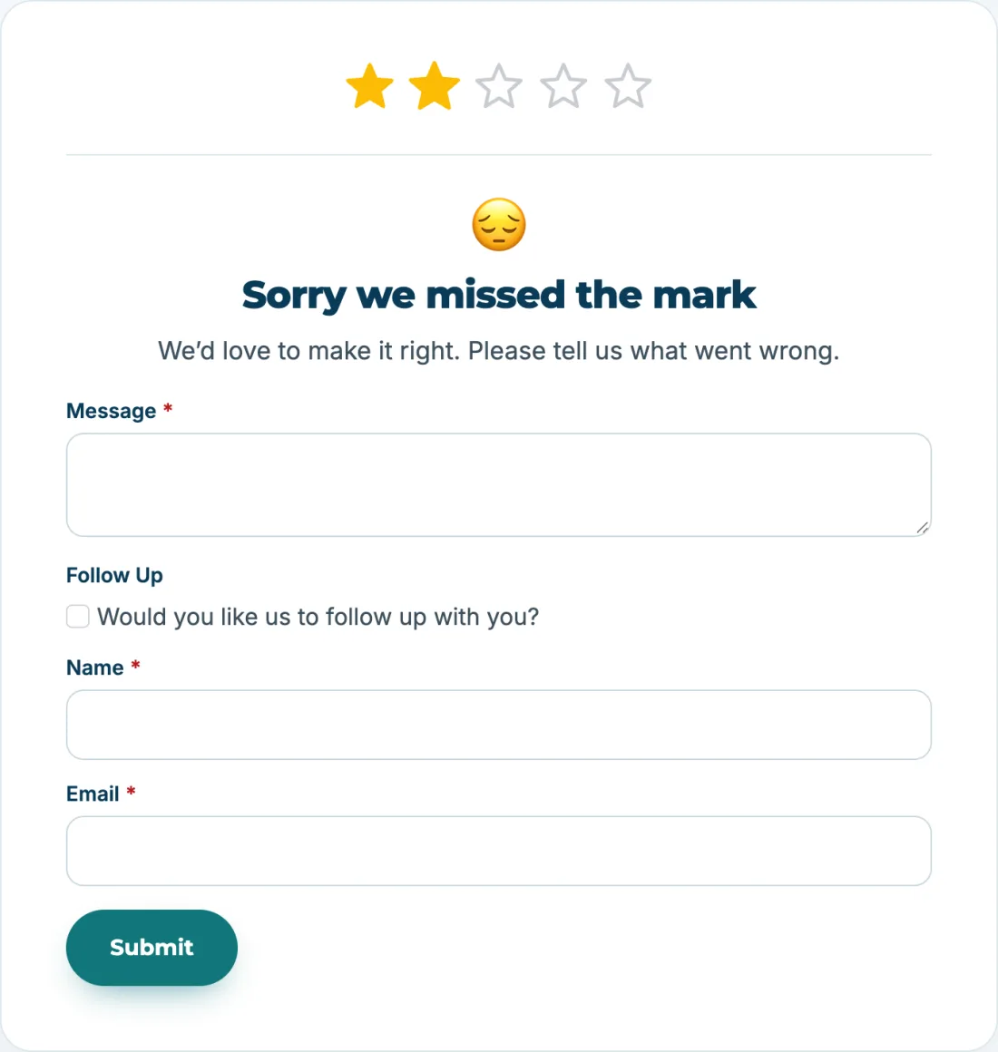 Two-star rating opening a private feedback form