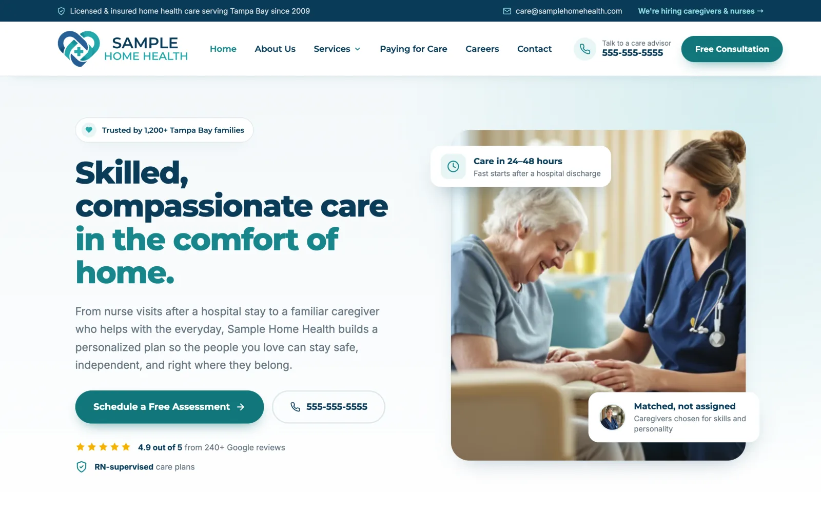 Example home care agency website homepage on desktop