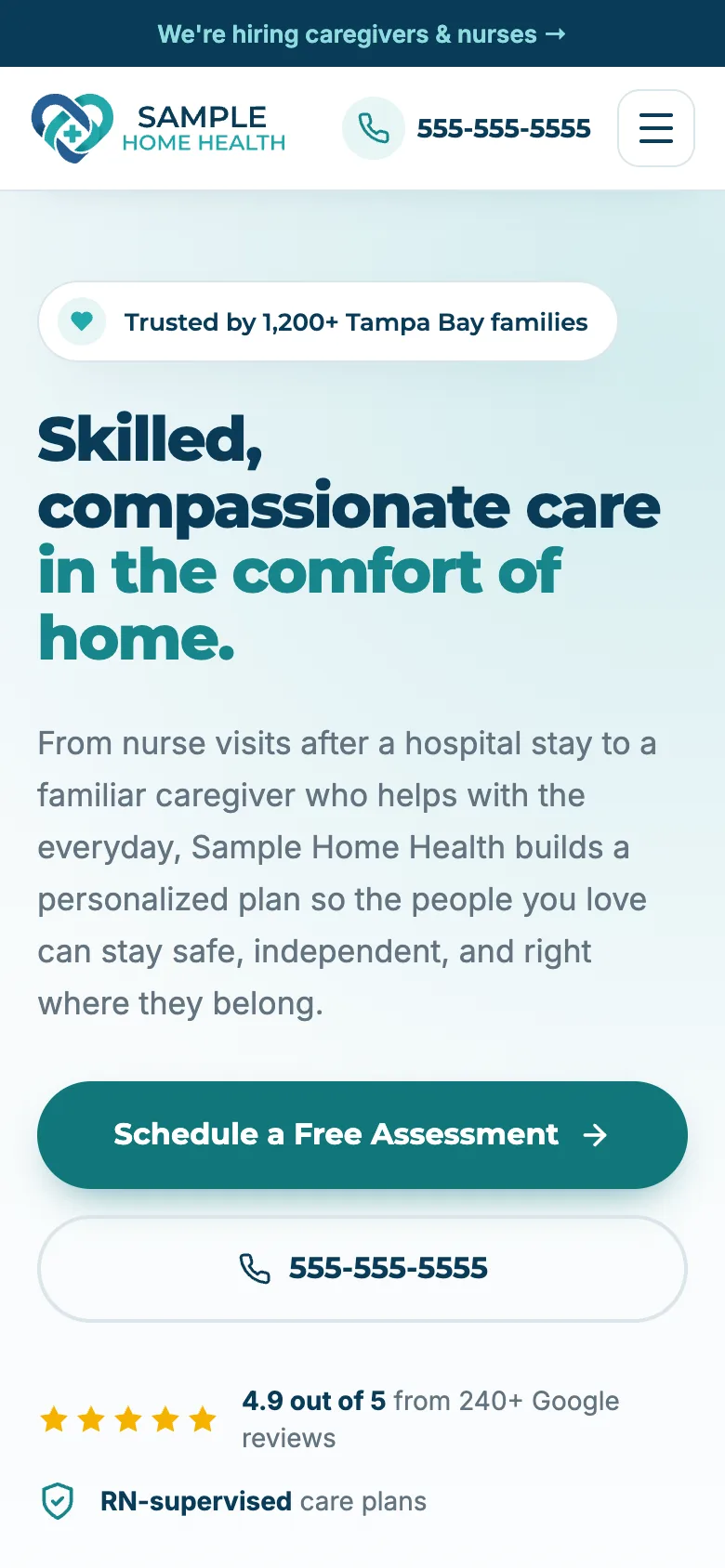 Example home care website homepage on a phone