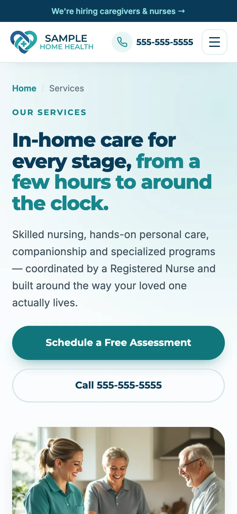 Example home care website services page on a phone