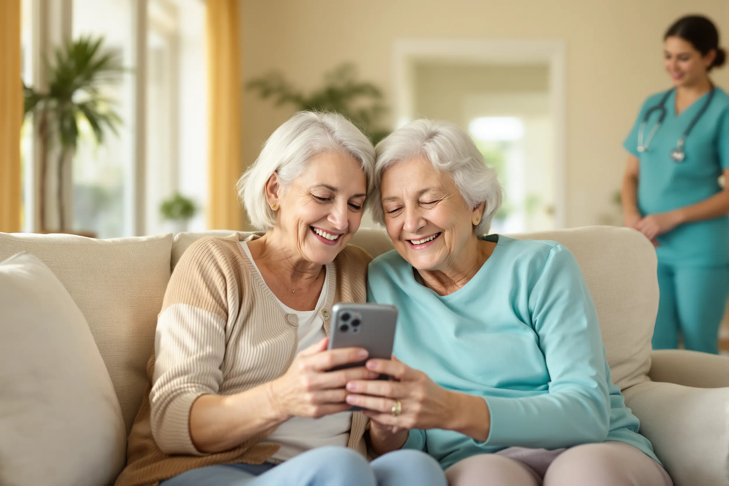 Daughter and elderly mother smiling at a phone together at home