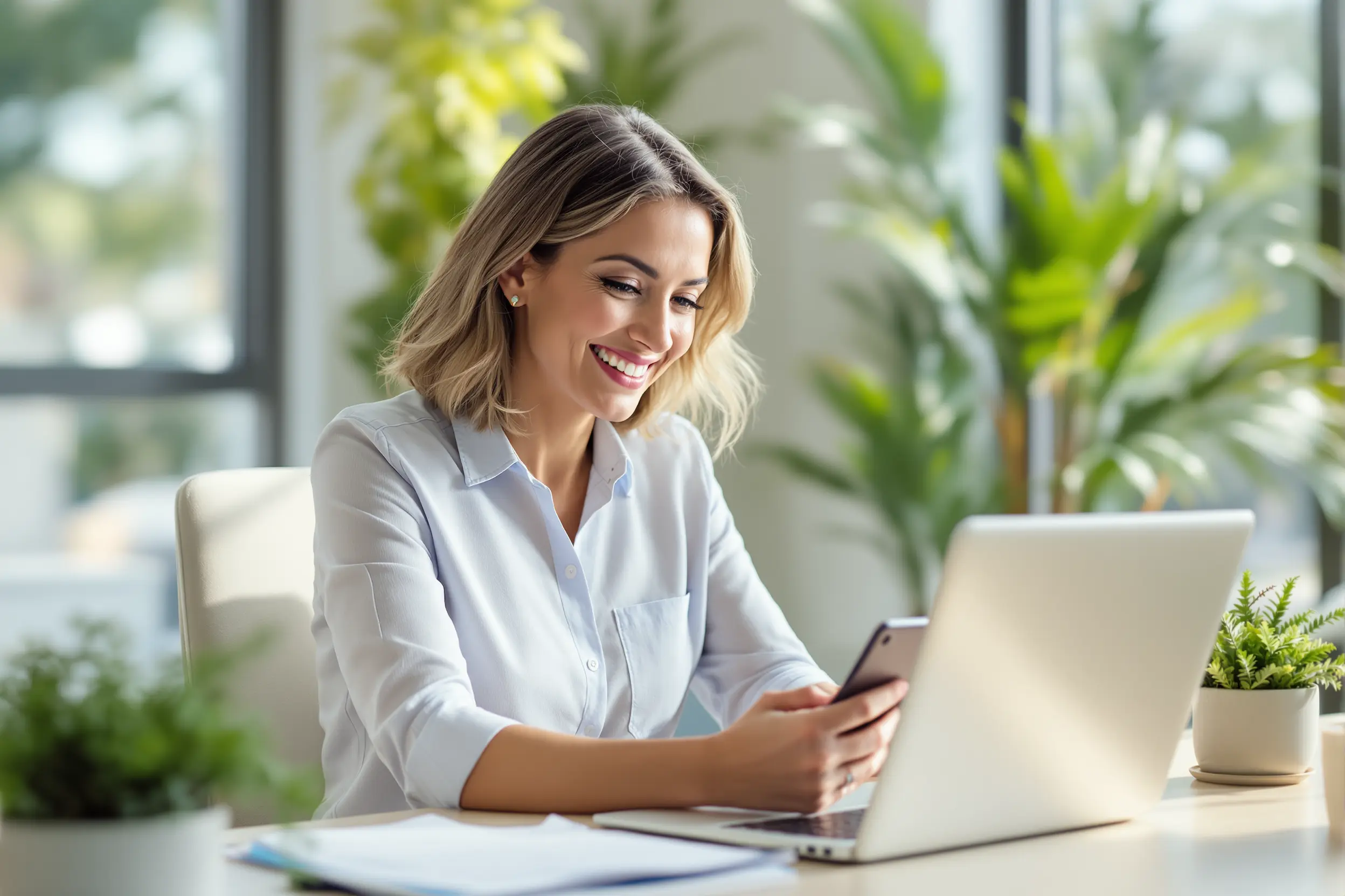 Nurse registry owner smiling at her phone in a bright office